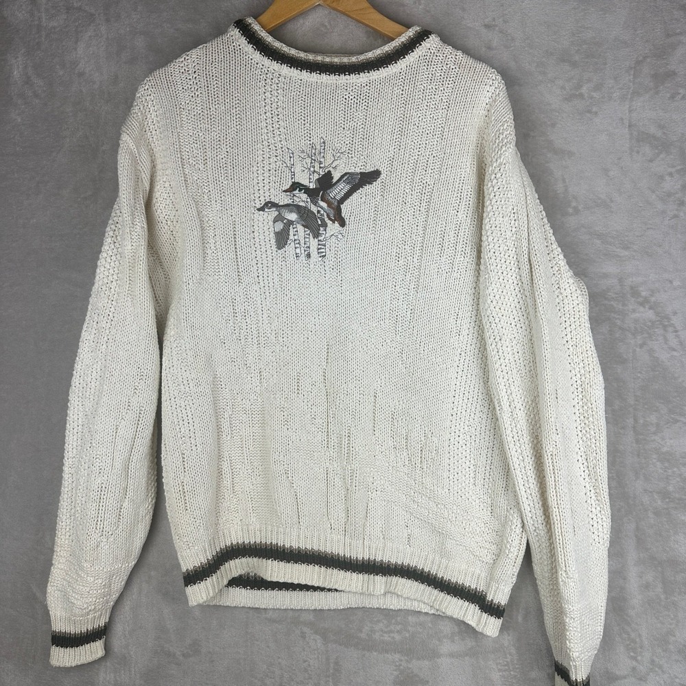 Vintage Shenandoah Duck Embroidered Cotton Knit Sweater Mens Medium Cream USA